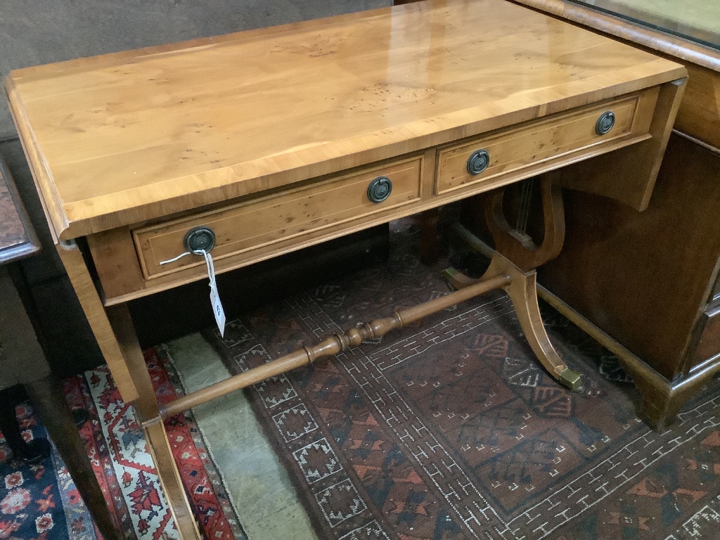 A reproduction yew wood sofa table, width 92cm depth 50cm height 73cm